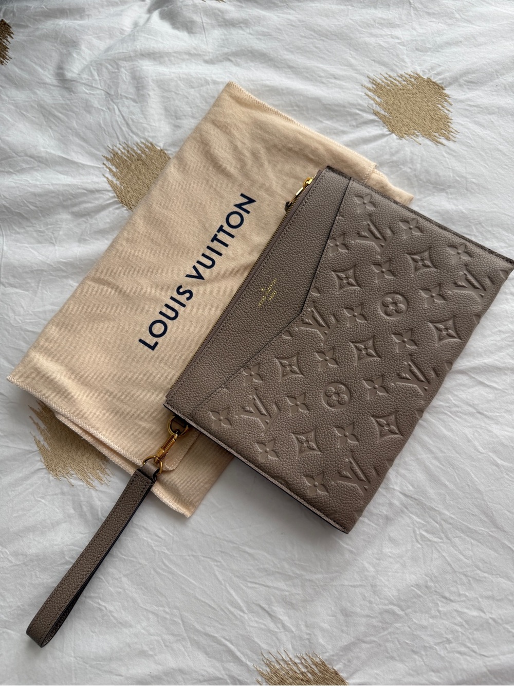 Louis Vuitton Taupe Embossed Monogram Wristlet Clutch